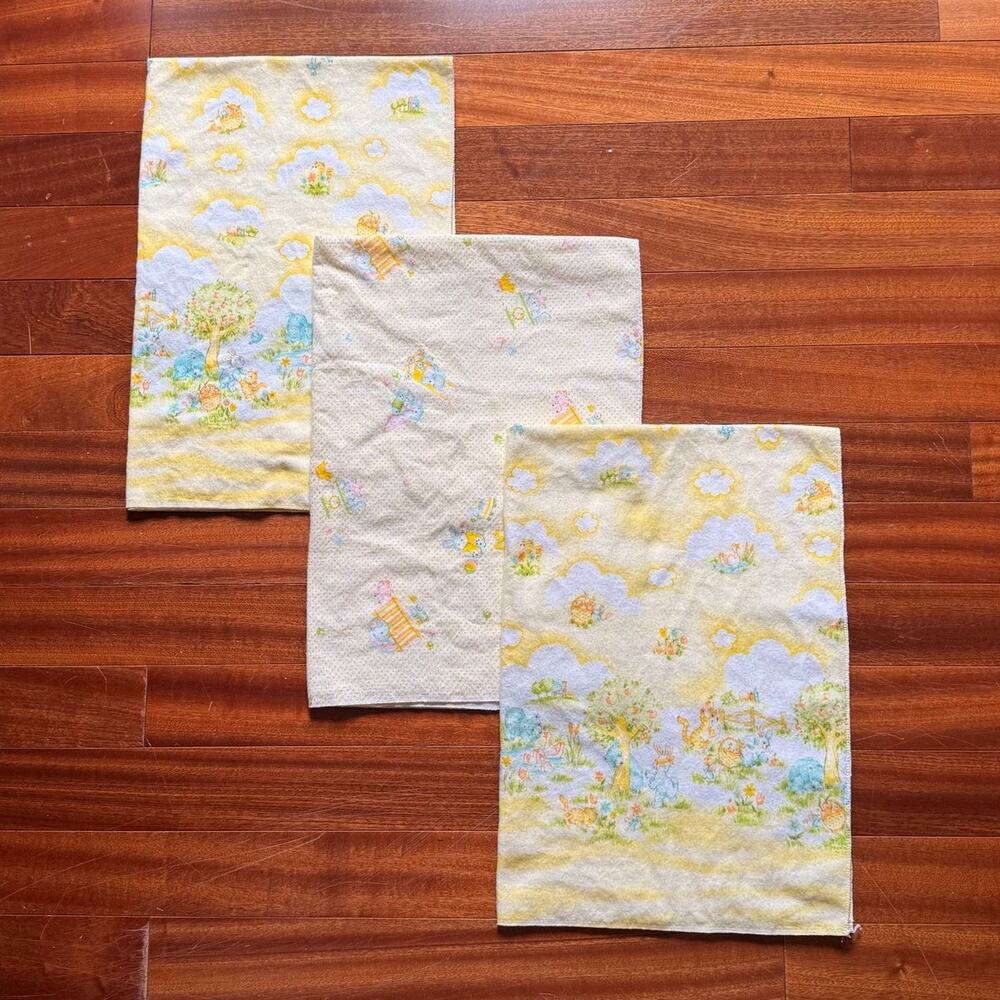 Vintage Dundee Baby Receiving Blankets Yellow Set of Three Bear Rabbit Forest